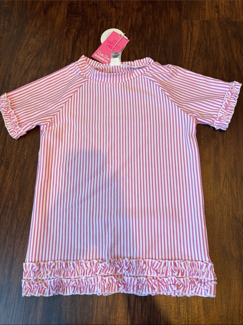 Ruffle Butts Pink & White Striped Girls Swim Rashguard